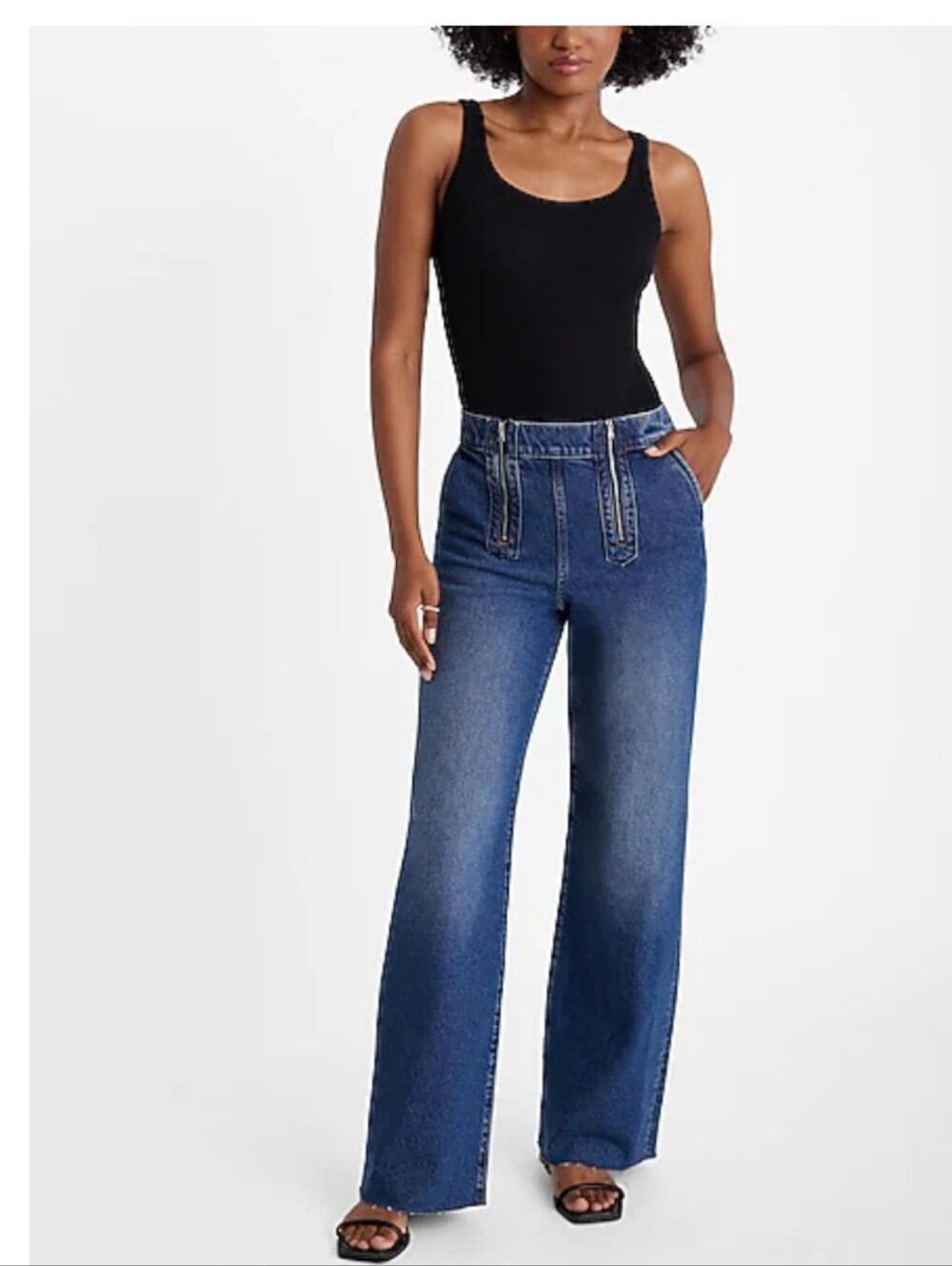 Express Double Zipper Raw Hem High-Waist Wide-Leg Women’s Jeans - Blue SZ 6L